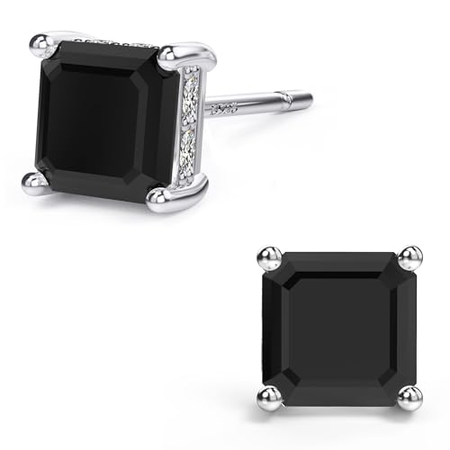 Asscher Cut Cubic Zirconia Stud Earrings for Men Women | Square CZ Simulated Diamond Studs, 18K White Gold Plated Sterling Silver - color: Black, size: 5MM