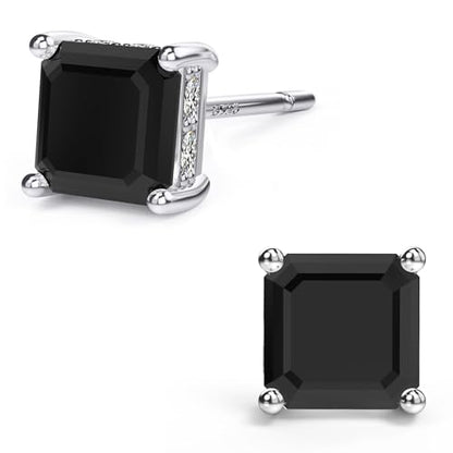 Asscher Cut Cubic Zirconia Stud Earrings for Men Women | Square CZ Simulated Diamond Studs, 18K White Gold Plated Sterling Silver - color: Black, size: 5MM