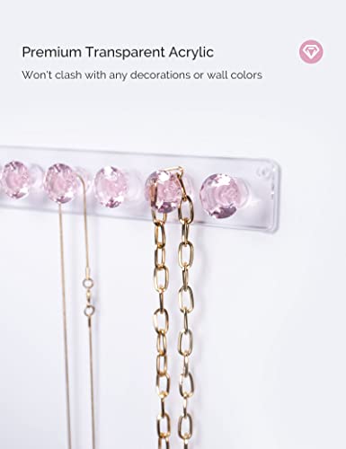Necklace Holder Wall Mounted Necklace Hanger Hanging Necklace Organizer | Acrylic Jewelry Hanger with 12 Hooks, Jewelry Hooks for Necklaces/Bracelets, Jewelry Wall Organizer - color: Pink – 2Pack