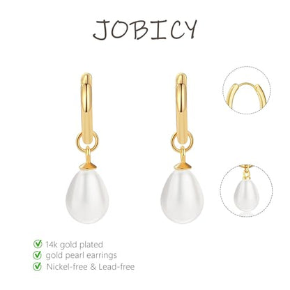 Pearl Earrings for Women Trendy, 14k Gold Plated Freshwater CZ Leaf Pearl Dangle Drop Gold Earrings Lightweight Hypoallergenic Stud Earring Bridesmaid Wedding Gold Jewelry for Women Gifts - style: hoop pearl-gold