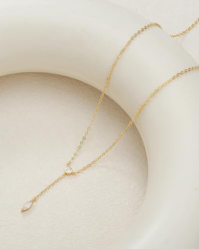 Gold Necklace for Women Dainty 14K Gold Plated Lariat Necklace | Teardrop CZ Y Shaped Drop Necklaces Prom Necklace Long Necklace Simple Gold Jewelry For Women Gift - color: B GOLD