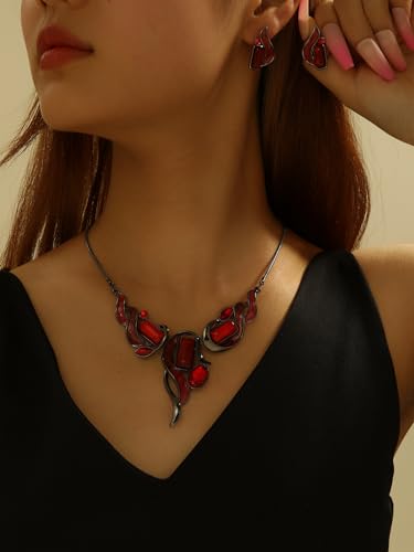 Chunky Statement Jewelry Set Vintage Retro Leaf Flower Floral Geometric Bohemian Boho Bib Necklace Earring Set Fashion Costume Jewelry for Women Girls Wedding Party Prom Unique Gift - style: Rectangle-red