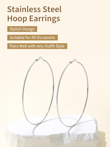FindChic Thin Hoop Earrings for Women,Silver/Black/Gold Plated 20-100mm - color: Silver, size: 100mm