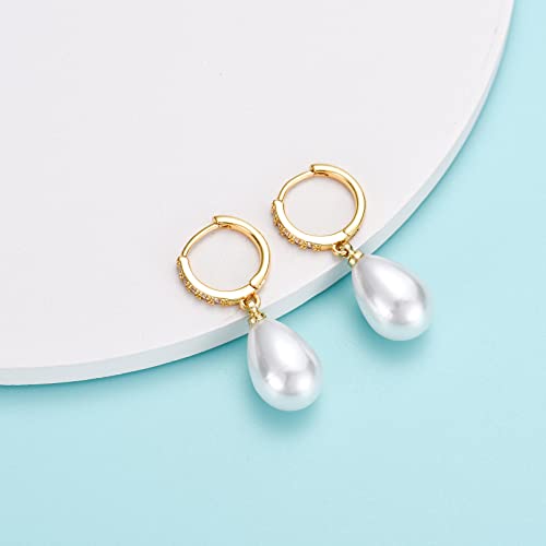 CERSLIMO Pearl Drop Earrings for Women | S925 Sterling Silver Post Simulated Shell Pearl Hoop Dangle Earrings, Hypoallergenic Cubic Zirconia Huggies Earrings Bridesmaid Jewelry - style: 02 Gold-Teardrop