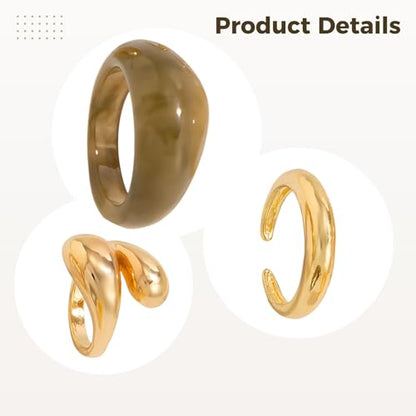 5 Pcs Gold Rings Set for Women, Pale Gold Metal and Resin Rings, Chunky Stackable Styles, Hug Ring Design, for Party and Daily Wearing