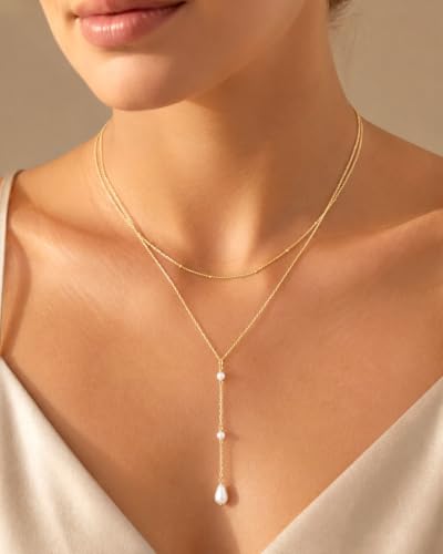Gold Necklace Stack, Layered Gold Necklaces for Women Jewelry Set | 14K Gold Plated, Separate Chains, Pendant, Dainty, Non Tarnish, Delicate, Chain, Multi, Gift - color: 2 Layer-Pearl Lariat Gold