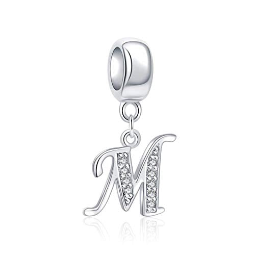 925 Sterling Silver Letter Charms Fits Pandora Bracelets, Gift for Women | A-Z Alphabet Initial Charm with CZ,Great gift for Christmas, Valentine's Day, Mother's Day. - color: M