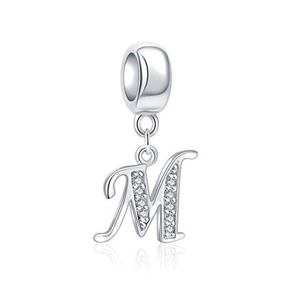 925 Sterling Silver Charms Alphabet Beads fit Pandora Charm Bracelets A-Z Letter Initial Spacer Dangle Clear CZ Stone Authentic for Snake Chain Bracelets - color: M