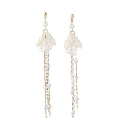 Seashell Pearl Stud Earrings for Women Ocean Sea Theme Sweet Double Layer Acrylic Shell Lightweight Dangle Drop Earrings for Summer Beach Holiday Halloween Party Jewelry Accessories - color: Long pearl shell earrings