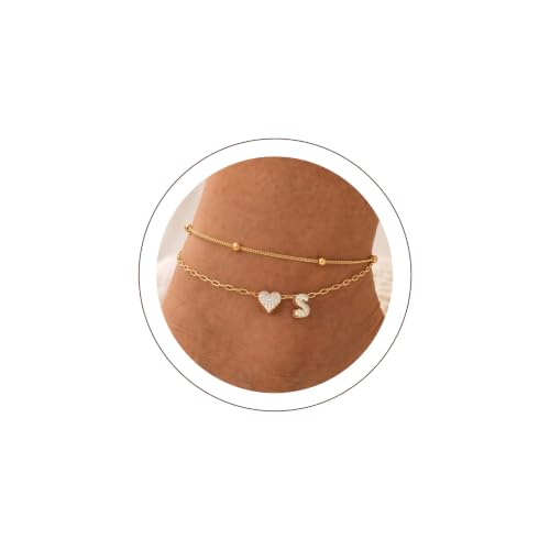 KeyStyle Heart Initial Ankle Bracelets for Women, Layered CZ A-Z Letter | 14K Gold Plated or Silver Stainless Steel Anklet, Hypoallergenic Waterproof Layered Jewelry for Daily Wear & Special Gifts - color: Gold-S