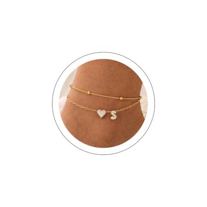 KeyStyle Heart Initial Ankle Bracelets for Women, Layered CZ A-Z Letter | 14K Gold Plated or Silver Stainless Steel Anklet, Hypoallergenic Waterproof Layered Jewelry for Daily Wear & Special Gifts - color: Gold-S