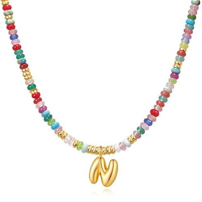 YOUFENG Initial Letter Necklaces for Women Colorful Beaded Gemstone Choker 14K Gold Plated Bubble Letter Pendant Necklace Natural Stone Handmade Jewelry Gift - color: N