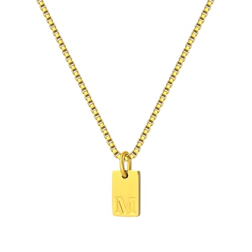 Gold Plated Square Initial Necklace Waterproof A-Z Letter Pendant on Thin Chain - Dainty, Stackable Jewelry for Women - color: Golden-M, size: F