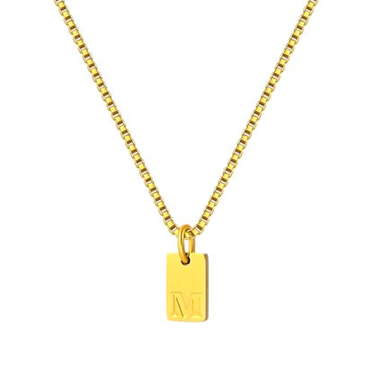 Gold Plated Square Initial Necklace Waterproof A-Z Letter Pendant on Thin Chain - Dainty, Stackable Jewelry for Women - color: Golden-M, size: F