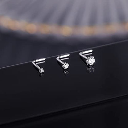PunkTracker 20g 14K Real Gold Nose Rings CZ Simulated Diamond Nose Studs | Hypoallergenic Nostril Nose Piercing Jewelry for Women Men - color: 2pcs, 3mm, L-shape
