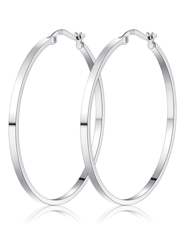 RoseJeopal 925 Sterling Silver Flat Hoop Earrings for Women 20/30/40/50MM | 14K White Gold Plated, Hypoallergenic, Lightweight, Flat Hoop, Jewelry Gift - color: Silver-40MM