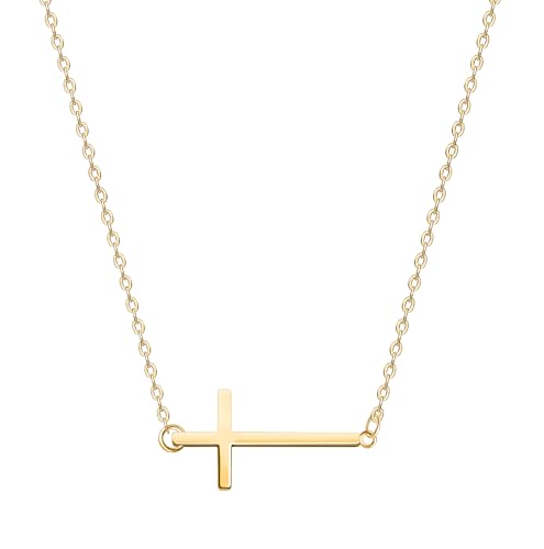 Dainty 18K Gold Plated Horizontal Bar Necklace for Women, Minimalist Tiny Stick Pendant Adjustable Layering Daily Jewelry Gift - color: Cross