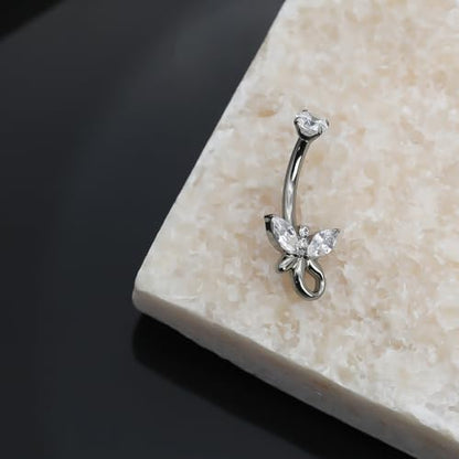 XUU Titanium Belly Button Rings 14G, Implant-Grade Navel Piercing, Luxury CZ Shape with Flower Butterfly, Hypoallergenic Curved Barbell Jewelry for Women, Gold or Silver - style: Butterfly Tail-Silver