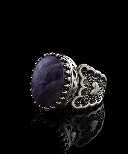 Filigranist 925 Sterling Silver Handcrafted Filigre Art Double Heart Detailed Women Cocktail Ring with Gemstones - color: Charoite