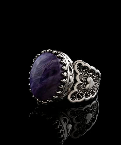 Filigranist 925 Sterling Silver Handcrafted Filigre Art Double Heart Detailed Women Cocktail Ring with Gemstones - color: Charoite