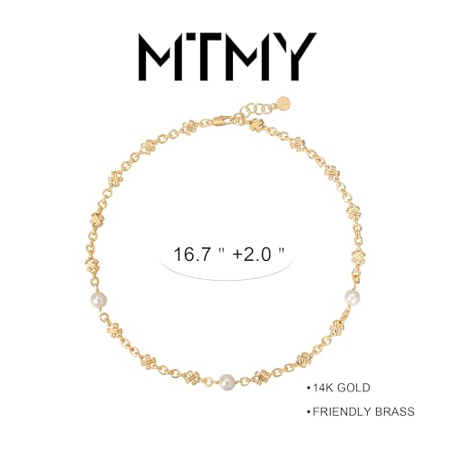 MTMY Beaded Necklaces for Women 14K Gold Plated Dainty Colorful Green/Rose Beaded Pearl Choker Necklace Delicate Boho Choker Necklace Jewelry Gift - style: Cross pearl