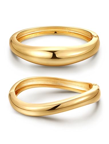 8YEARS Chunky Gold Bangle Bracelets for Women, 14k Gold Plated | Cuff Bangles, Stack Bracelet Set, Wide Trendy Fashion, Jewelry Gifts - color: B-Gold-2PCS