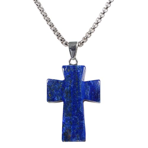 Justinstones 32mm Gemstone Carved Cross Reiki Chakra Pendant With Stainless Steel Necklace 22 Inch - color: Lapis