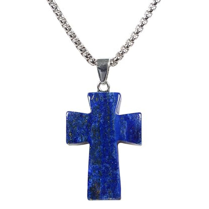 Justinstones 32mm Gemstone Carved Cross Reiki Chakra Pendant With Stainless Steel Necklace 22 Inch - color: Lapis