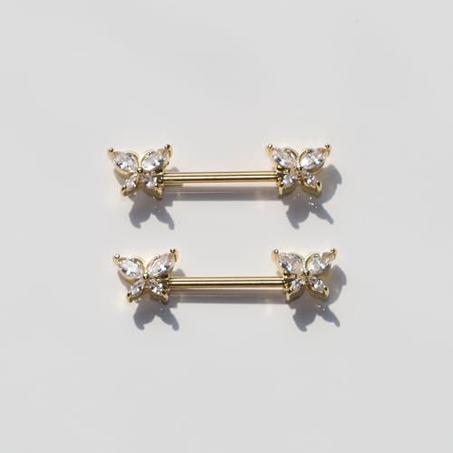 BSJ4U Nipple Piercing Jewelry 14G Stainless Steel Nipple Rings for Women Heart Butterfly Flower Bow Nipple Barbells - color: Gold Clear CZ Nipple Piercing Jewelry