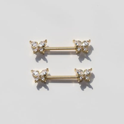 BSJ4U Nipple Piercing Jewelry 14G Stainless Steel Nipple Rings for Women Heart Butterfly Flower Bow Nipple Barbells - color: Gold Clear CZ Nipple Piercing Jewelry