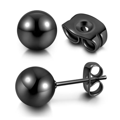 3/4 Pairs Stainless Steel Ball Stud Earrings, High Polished Round Ball Earrings Set for Women & Men 4-10mm - color: Black