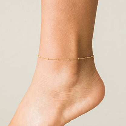 NONAMOIS Ankle Bracelets for Women Dainty 18K Gold Plated Anklet Waterproof Round Beaded Paperclip Herringbone Pearl Chain Anklets Waterproof Beach Foot Jewelry - color: Satellite-Gold