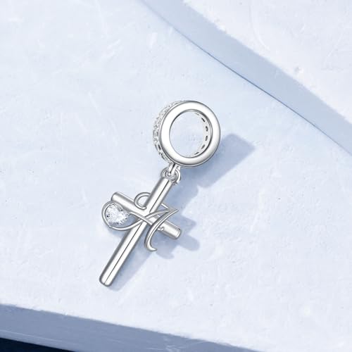 PROESS Initial Cross Charm 925 Sterling Silver Letter A B C Pendant Dangle Charm Beads for Bracelet Initial Cross Jewelry Gifts for Women - style: 1-A
