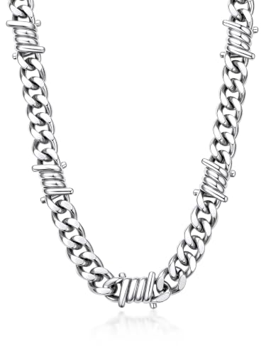 Bandmax Stainless Steel Barbed Wire Cuban Chain Necklace for Men & Women | Edgy Fierce Design, Waterproof & Tarnish Resistant, Silver/Black Tone, 5/7/9/12MM, 16-22 Inches, Street Punk Style Jewelry - color: B1 12MM-Silver, size: 18 Inch (46cm, Pop Choice)