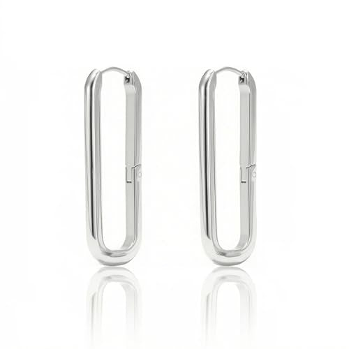 Medium Rectangle Silver Hoop Earrings in Stainless Steel for Women | Hypoallergenic Surgical Steel for Sensitive Ears Unique Lightweight Geometric Paperclip Earrings for Ladies Everyday Wear