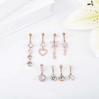 LEE&RO Belly Button Ring Dangle Stainless Steel Belly Rings 14G Belly Button Piercing Cute Navel Ring Belly Piercing Jewelry - style: Elegant-Rose Gold