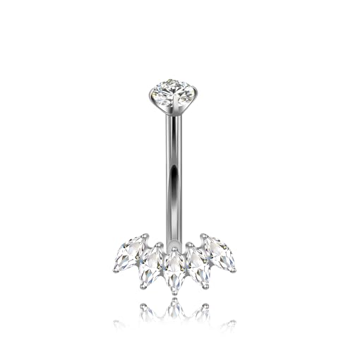 XUU Titanium Belly Button Rings 14G, Implant-Grade Navel Piercing, Luxury CZ Shape with Flower Butterfly, Hypoallergenic Curved Barbell Jewelry for Women, Gold or Silver - style: Crown-Silver