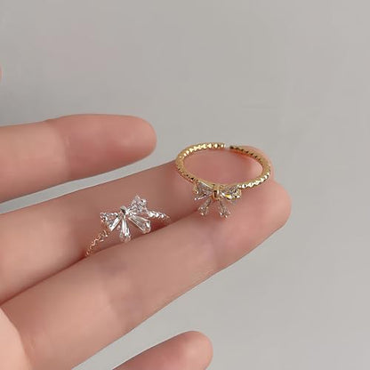Mettclasi Women's 14K Gold Plated Stackable Ring Crystal Inlaid Dainty Trendy Cute Adjustable Open Twist Rings Jewelry Gifts - style: Bow Tie