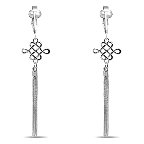 Silver Clip On Earrings For Women, They Look Pierced, Don't Pinch & Won't Fall Off, Hypoallergenic & Lightweight - color: Silver Celtic Knot Chain Tassel