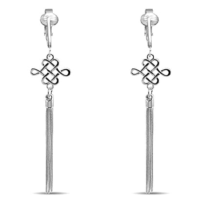 Silver Clip On Earrings For Women, They Look Pierced, Don't Pinch & Won't Fall Off, Hypoallergenic & Lightweight - color: Silver Celtic Knot Chain Tassel