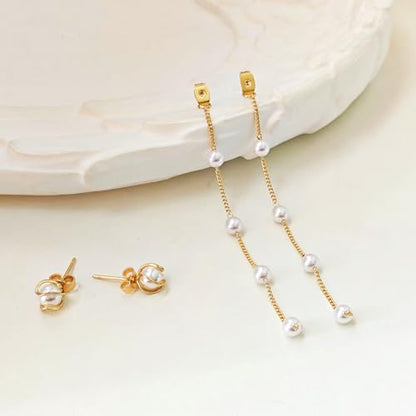 Pearl Earrings for Women 14k Gold/Silver Pearl Drop Earrings Long White Pearl Tassel Dangle Statement Earrings Bridal Wedding Dainty Prom Earrings Birthday Gifts Jewelry - color: Gold Caged Pearl Drop Earrings
