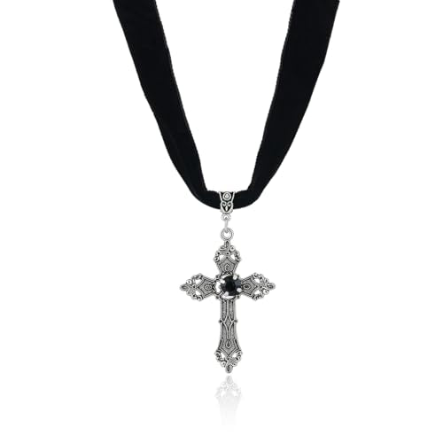 PINK TOWN Gothic Black Lace Choker Necklace for Women Vintage Black Red Crystal Cross Pendant Necklace Goth Cross Necklace Halloween Birthday Party Jewelry - color: Black 1