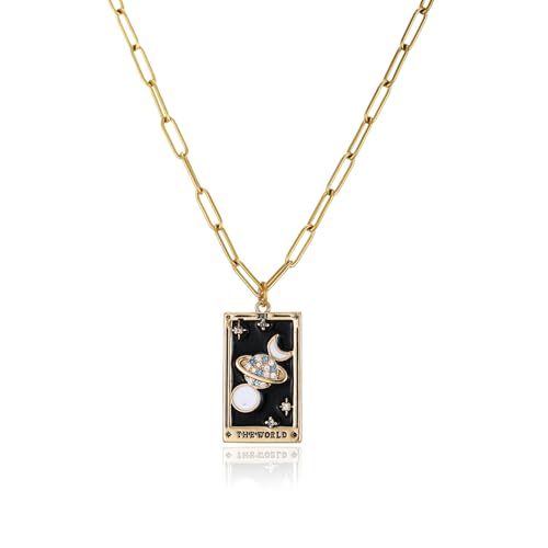 LUREME Punk Tarot Necklace - Gold Rectangle Pendant with Strass Zircon Sun/Moon/Star Design for Women (nl006354) - color: Multi Universe