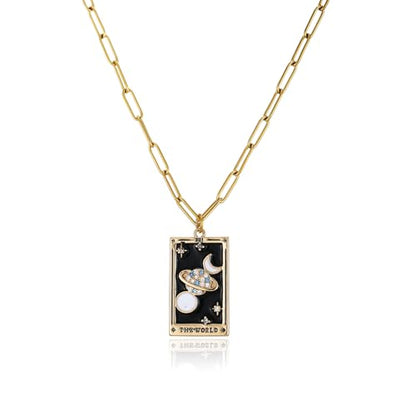 LUREME Punk Tarot Necklace - Gold Rectangle Pendant with Strass Zircon Sun/Moon/Star Design for Women (nl006354) - color: Multi Universe