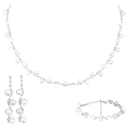 CAVETEE Jewelry Set - Prom Jewelry Crystal Bridal Necklace, Bracelet & Pendant Earring Jewelry Set for Women - style: Pearl