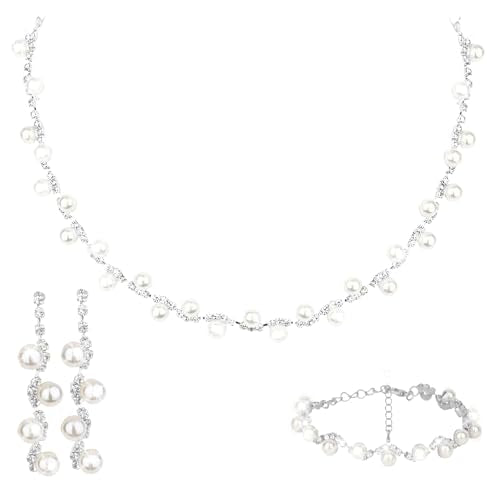 CAVETEE Jewelry Set - Prom Jewelry Crystal Bridal Necklace, Bracelet & Pendant Earring Jewelry Set for Women - style: Pearl