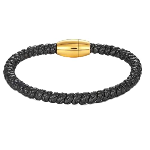 Men's Leather Bracelet, Stackable Stainless Steel Clasp Bracelets for Men Stylish Birthday, Thanksgiving, Valentine's Day Gift for My Man (8.2" Black and Golden) | Men's Accessory, Leather Band, Stainless Steel, Wrist Bracelet