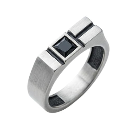 Minimalist Signet Ring 925 Sterling Silver Square Black Gemstone for Men | Handcrafted to order in 60+ sizes, solid silver with a matte brushed finish, modern geometric design with square black stone