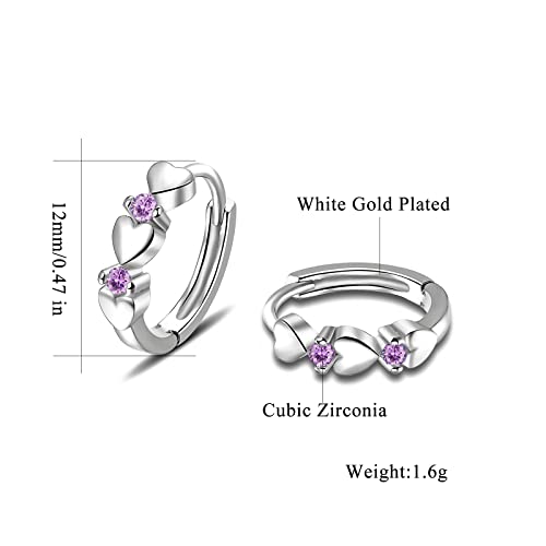 CiNily 14K White Gold Plated Small Hoop Earrings for Women Girls Heart Cubic Zirconia Hypoallergenic Earrings - color: Silver-purple
