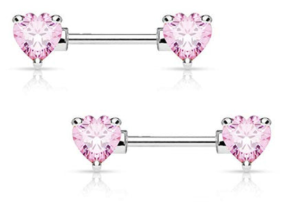 Forbidden Body Jewelry Pair of Surgical Steel 1/2-5/8 Inch (12-16mm) Cubic Zirconia Crystal Double Heart Nipple Barbells - style: Pink